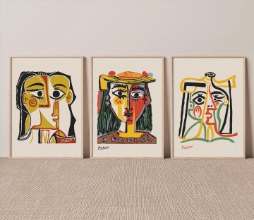 Abstract and Decorative Painting - Picasso woman face tryptych wall art minimalism